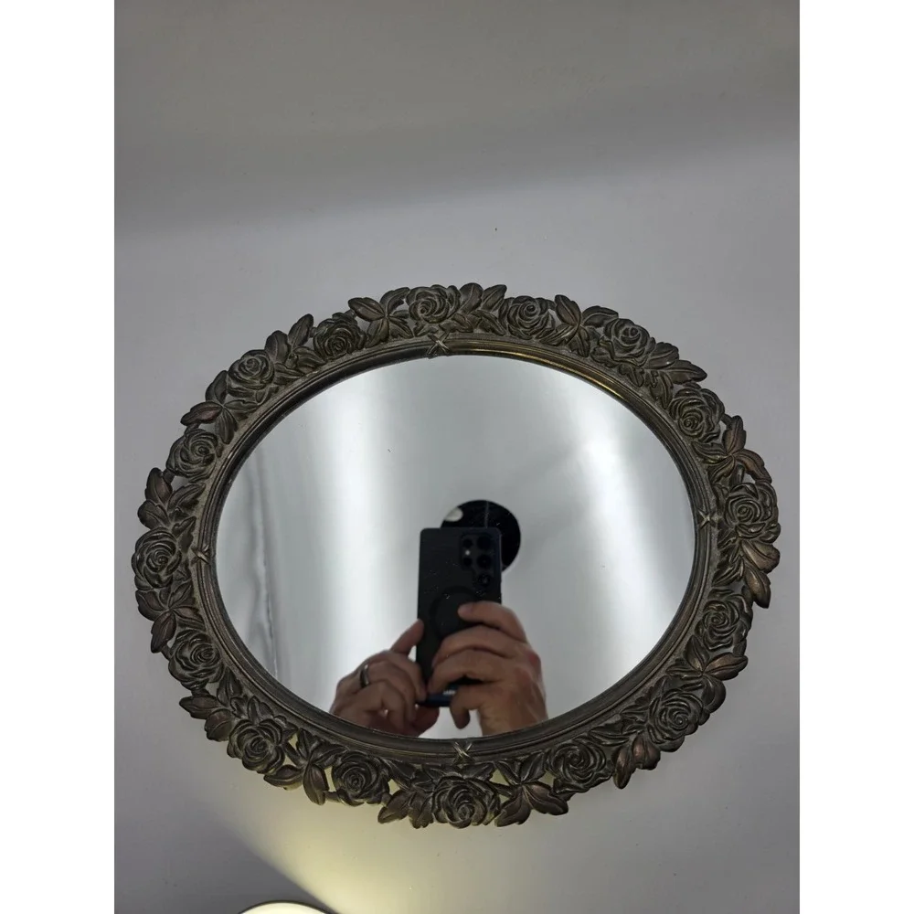 Vintage Oval Mirror Ornate‎ Rose Frame Bronze Gold Tone Vanity Decor 10